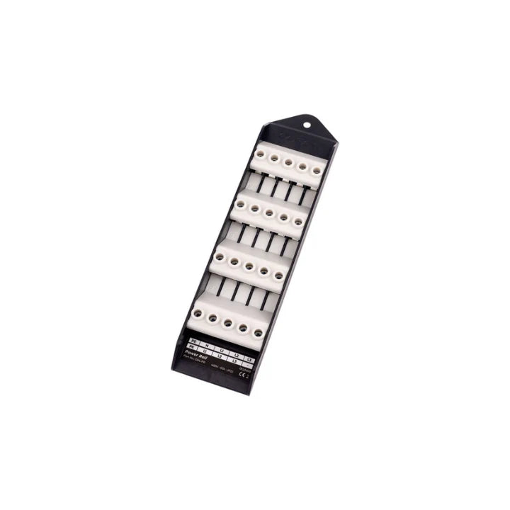 Easee PowerRail multi-charger backplane with rows of white terminal blocks on black DIN-rail mount for load-balanced installs