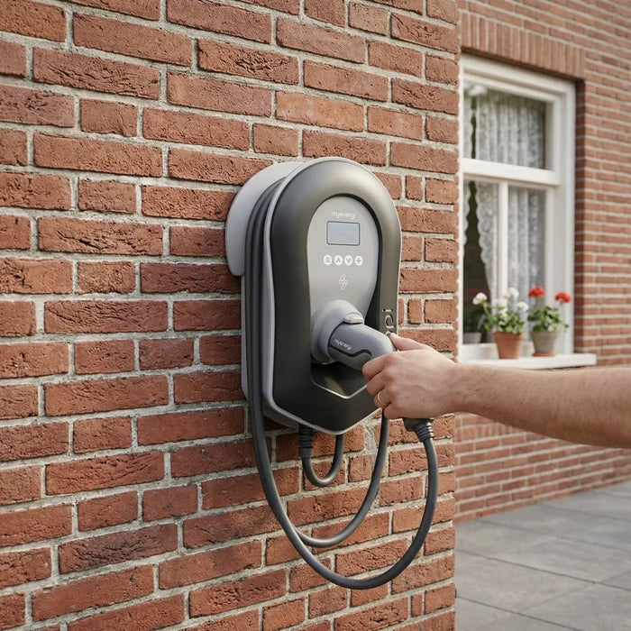 myenergi Zappi Type 2 socket EV charger installed on brick wall with cable - buy home charging point