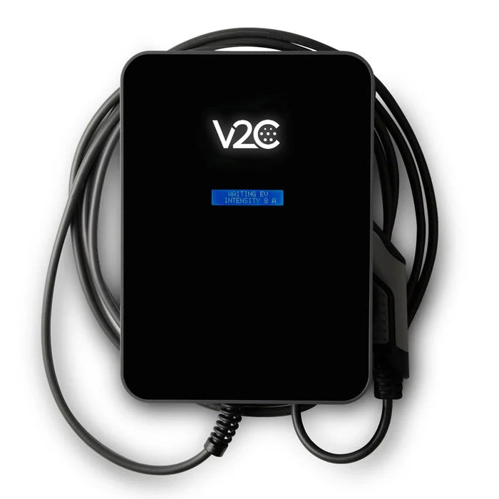 V2C Trydan 22kW Type 2 EV charger front view in black with V2C logo, blue LCD showing Waiting EV status and coiled tethered cable behind